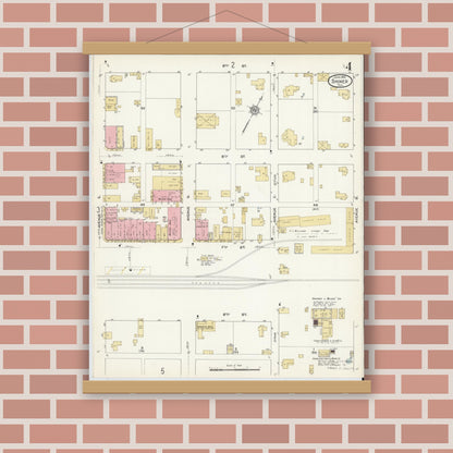 Old map wall art mockup — magnetic wood frame on brick wall — Sanborn Fire Insurance Map from Shiner, Lavaca County, Texas (1912), Sheet #0004