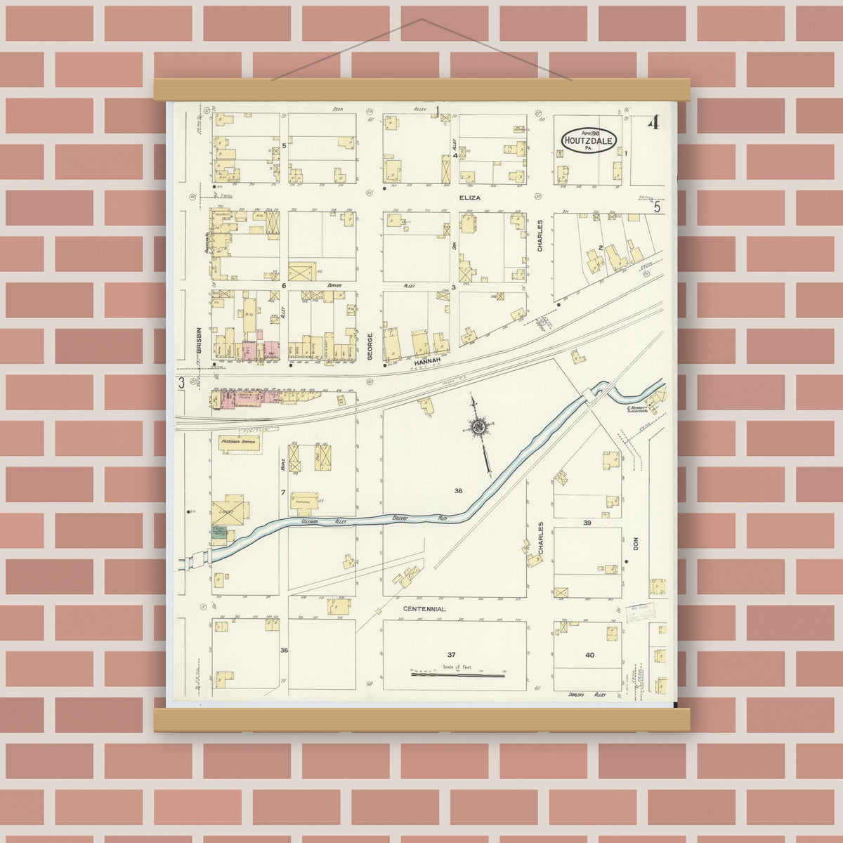 Old map wall art mockup — magnetic wood frame on brick wall — Sanborn Fire Insurance Map from Houtzdale, Clearfield County, Pennsylvania (1910), Sheet #0004