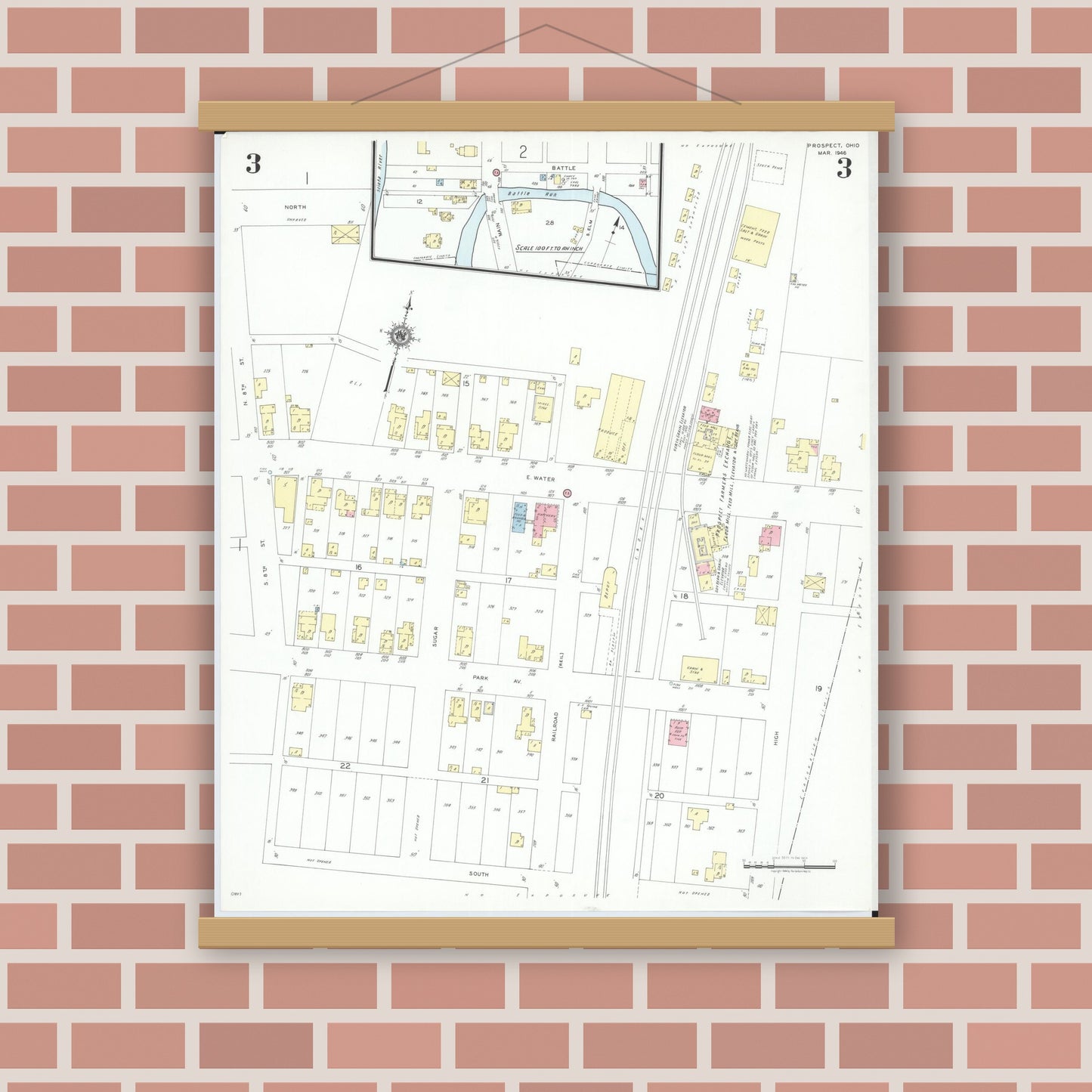 Old map wall art mockup — magnetic wood frame on brick wall — Sanborn Fire Insurance Map from Prospect, Marion County, Ohio (1946), Sheet #0003