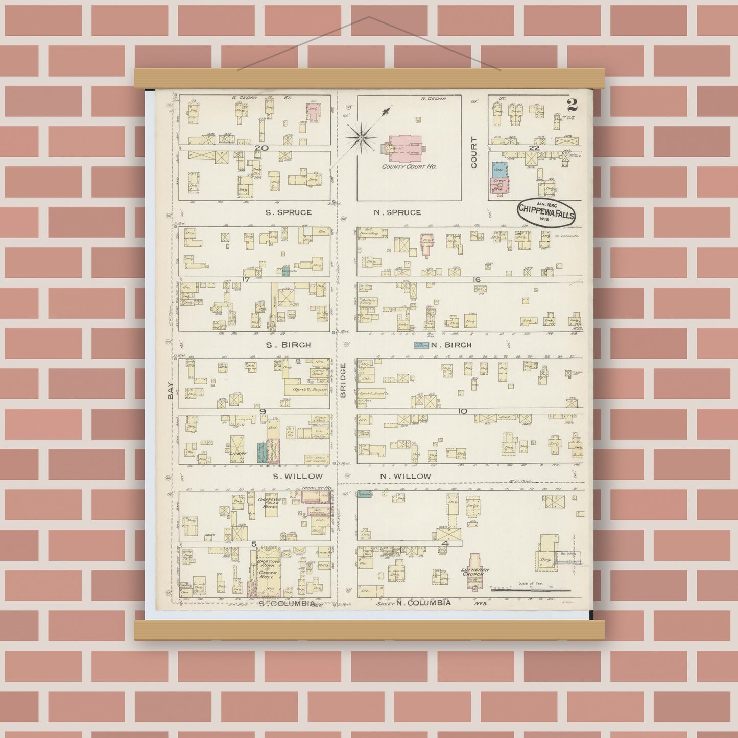 Old map wall art mockup — magnetic wood frame on brick wall — Sanborn Fire Insurance Map from Chippewa Falls, Chippewa County, Wisconsin (1886), Sheet #0002