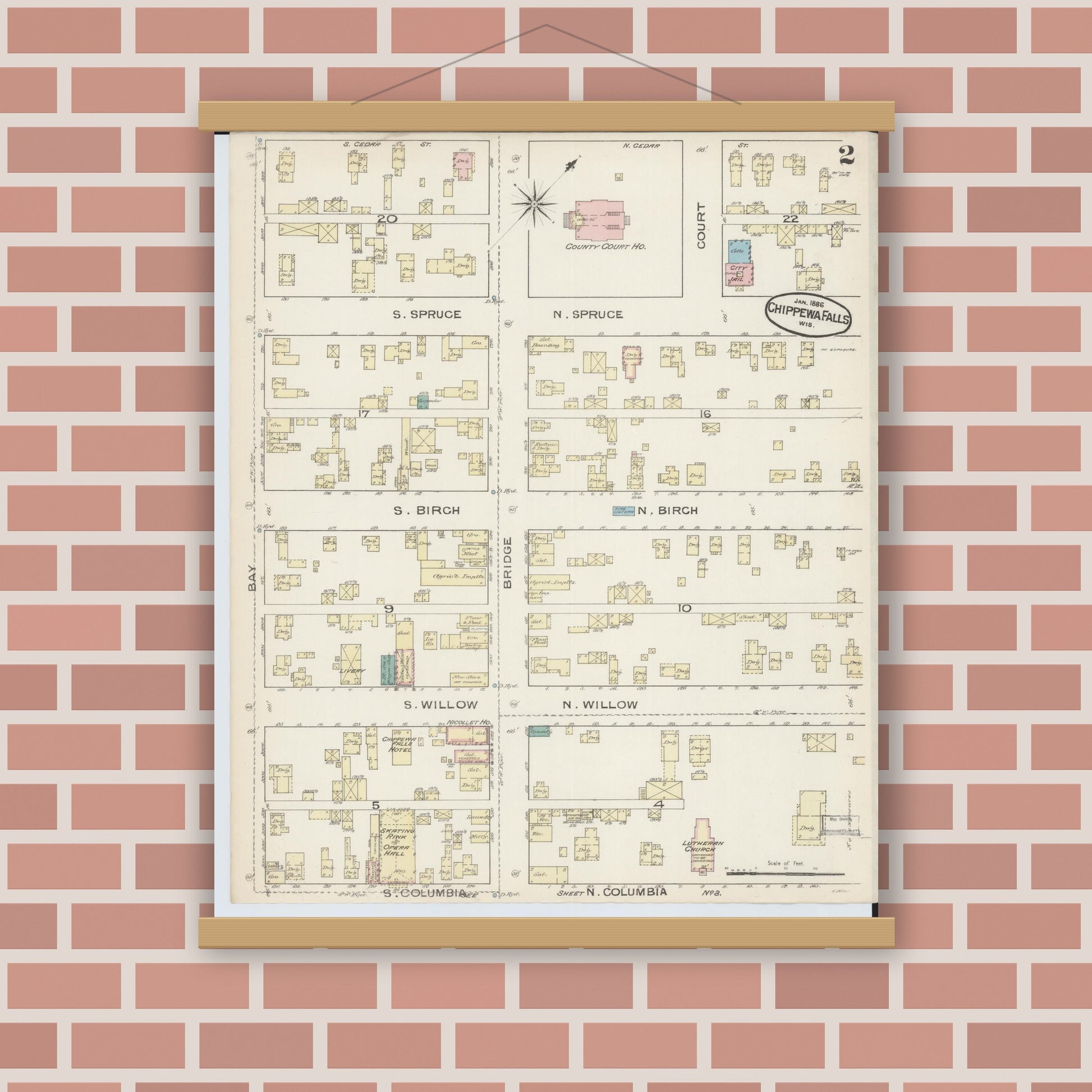 Old map wall art mockup — magnetic wood frame on brick wall — Sanborn Fire Insurance Map from Chippewa Falls, Chippewa County, Wisconsin (1886), Sheet #0002
