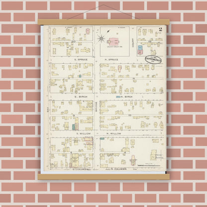 Old map wall art mockup — magnetic wood frame on brick wall — Sanborn Fire Insurance Map from Chippewa Falls, Chippewa County, Wisconsin (1886), Sheet #0002