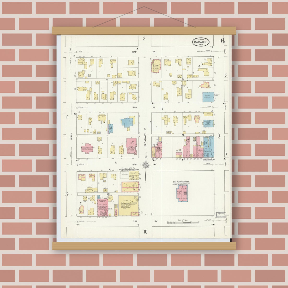 Old map wall art mockup — magnetic wood frame on brick wall — Sanborn Fire Insurance Map from Baraboo, Sauk County, Wisconsin (1913), Sheet #0006