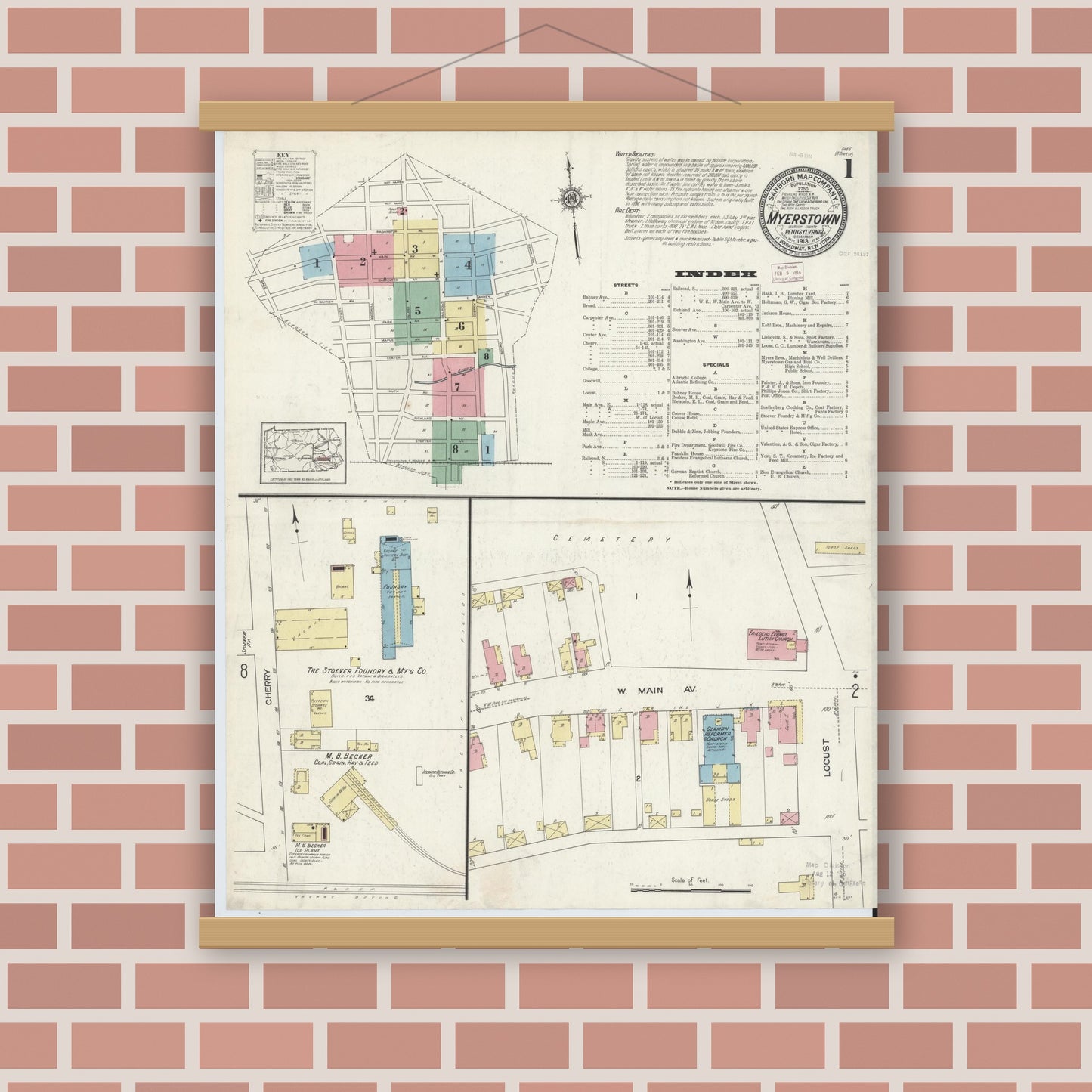 Old map wall art mockup — magnetic wood frame on brick wall — Sanborn Fire Insurance Map from Myerstown, Lebanon County, Pennsylvania (1913), Sheet #0001