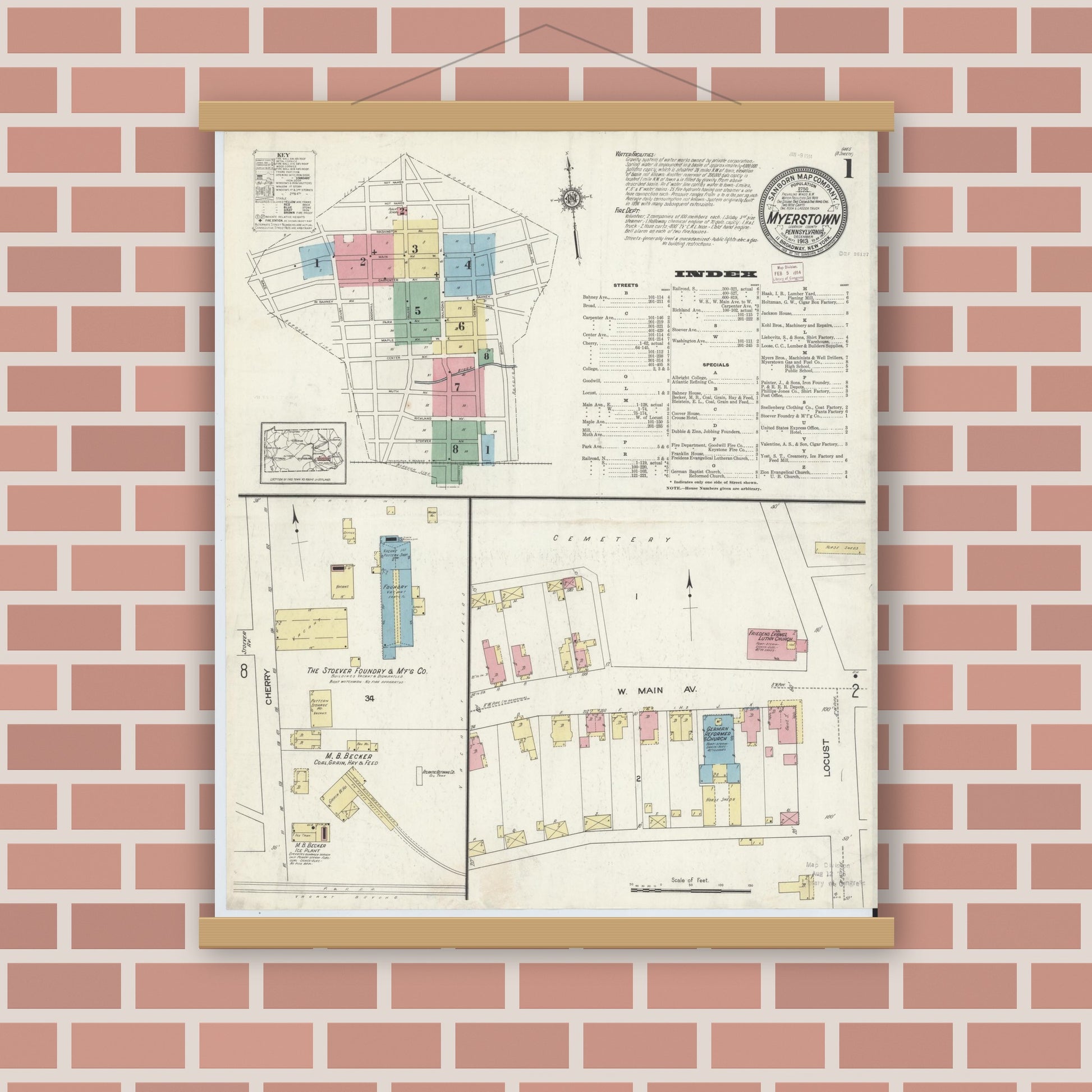 Old map wall art mockup — magnetic wood frame on brick wall — Sanborn Fire Insurance Map from Myerstown, Lebanon County, Pennsylvania (1913), Sheet #0001