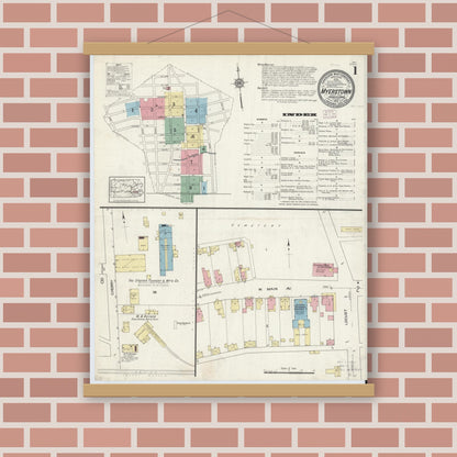 Old map wall art mockup — magnetic wood frame on brick wall — Sanborn Fire Insurance Map from Myerstown, Lebanon County, Pennsylvania (1913), Sheet #0001