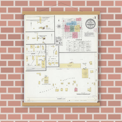 Old map wall art mockup — magnetic wood frame on brick wall — Sanborn Fire Insurance Map from Fairbury, Livingston County, Illinois (1906), Sheet #0001