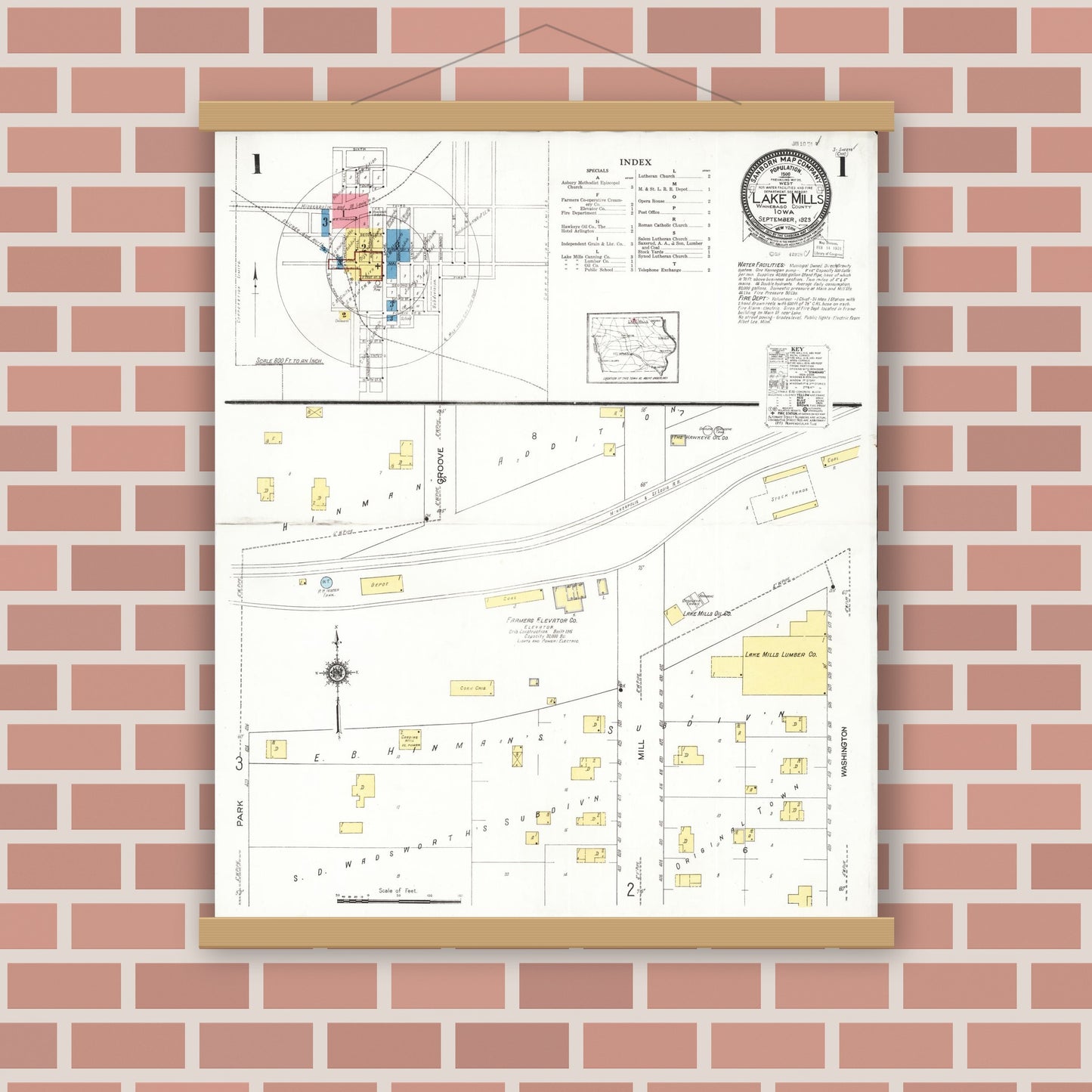 Old map wall art mockup — magnetic wood frame on brick wall — Sanborn Fire Insurance Map from Lake Mills, Winnebago County, Iowa (1923) â€” Complete Set