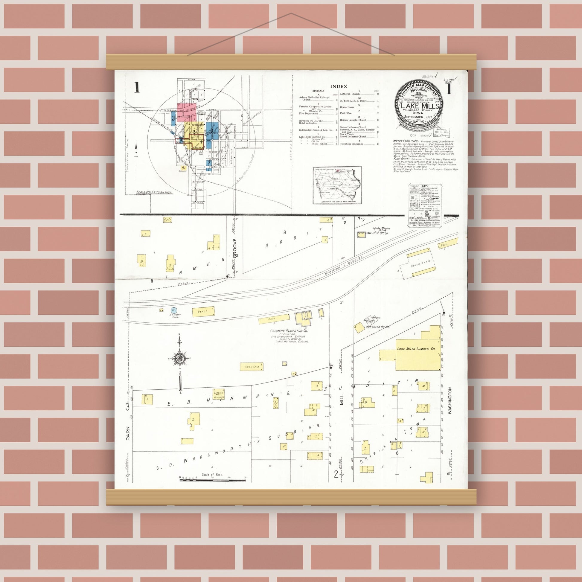 Old map wall art mockup — magnetic wood frame on brick wall — Sanborn Fire Insurance Map from Lake Mills, Winnebago County, Iowa (1923) â€” Complete Set