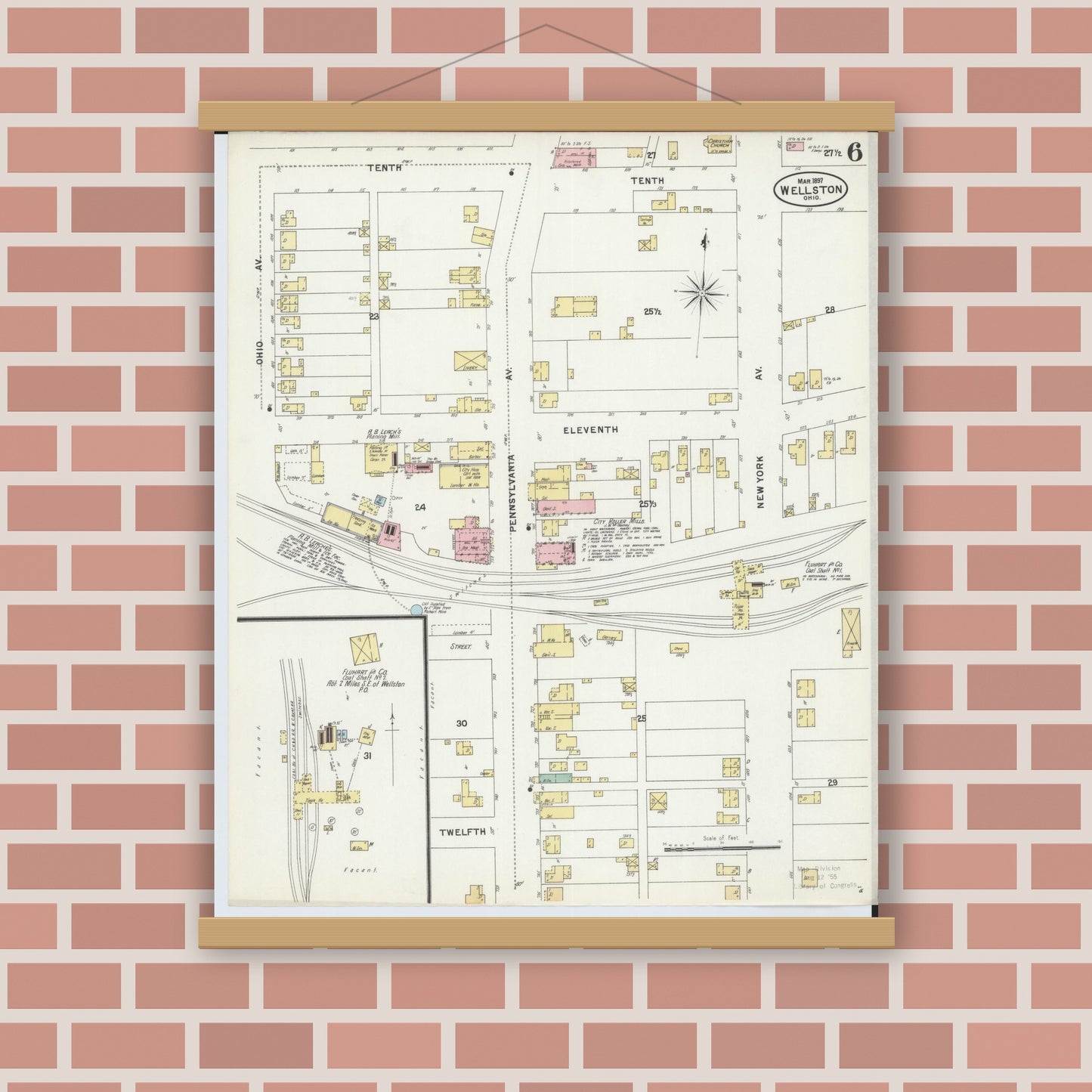 Old map wall art mockup — magnetic wood frame on brick wall — Sanborn Fire Insurance Map from Wellston, Jackson County, Ohio (1897), Sheet #0006