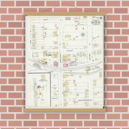 Old map wall art mockup — magnetic wood frame on brick wall — Sanborn Fire Insurance Map from Wellston, Jackson County, Ohio (1897), Sheet #0006
