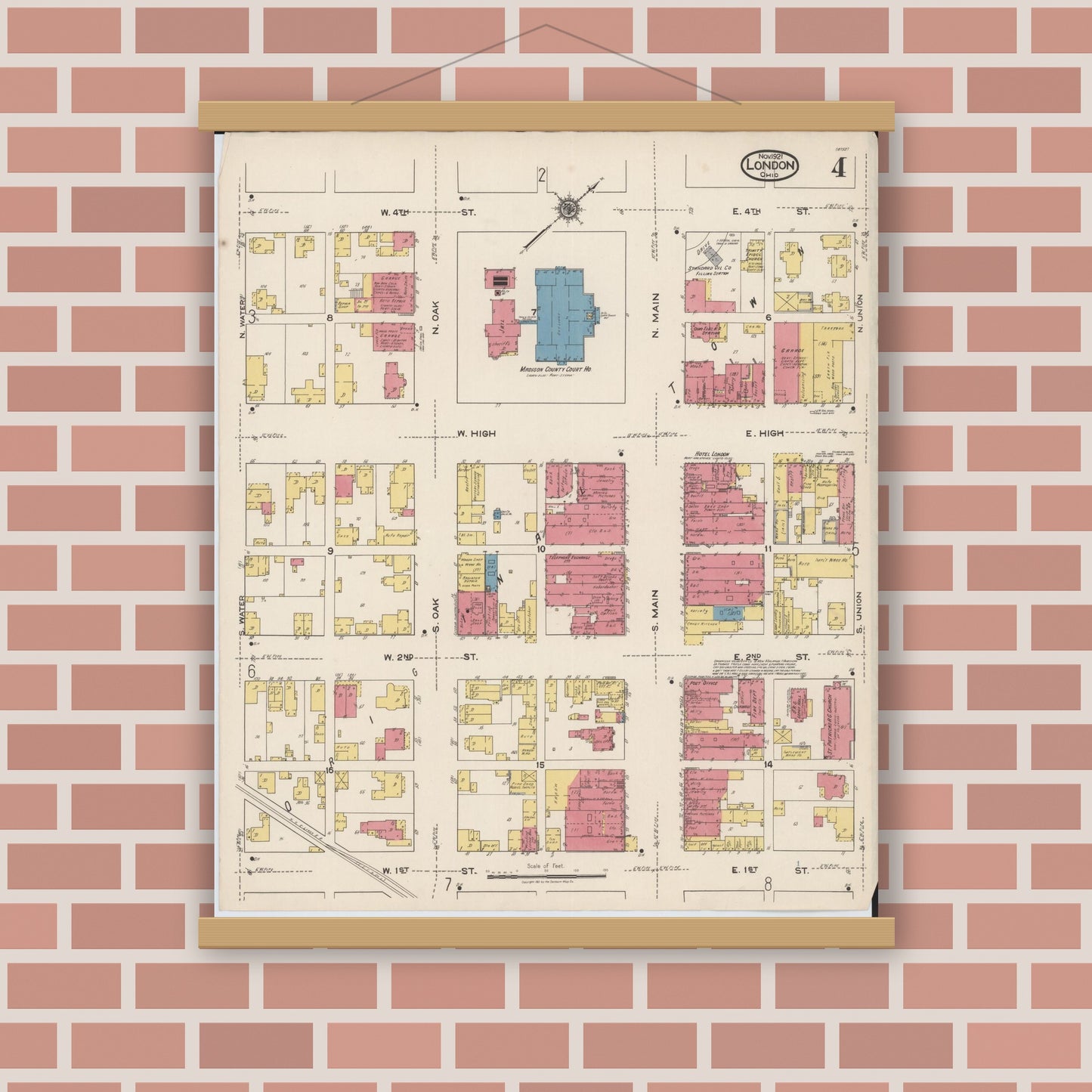 Old map wall art mockup — magnetic wood frame on brick wall — Sanborn Fire Insurance Map from London, Madison County, Ohio (1921), Sheet #0004