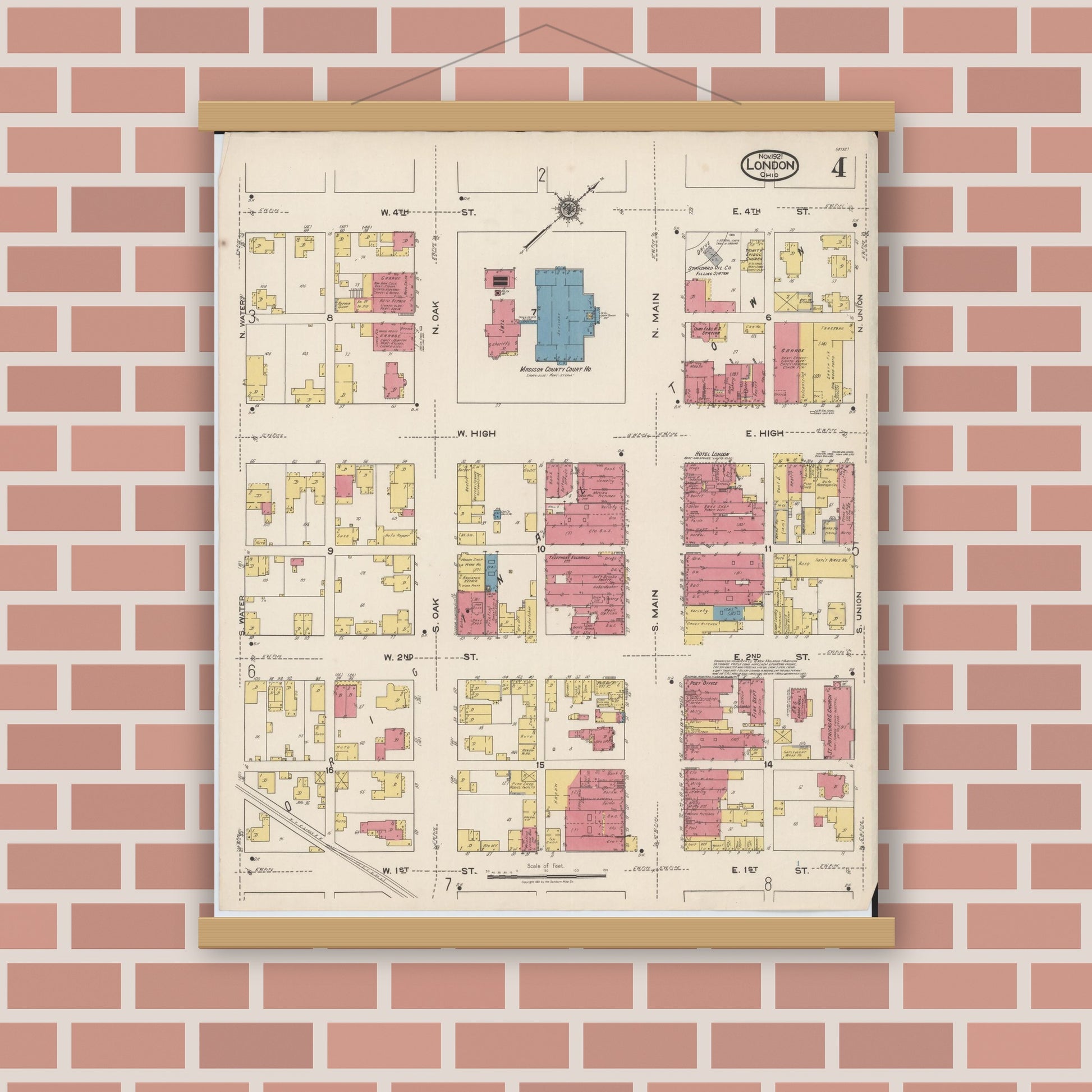 Old map wall art mockup — magnetic wood frame on brick wall — Sanborn Fire Insurance Map from London, Madison County, Ohio (1921), Sheet #0004