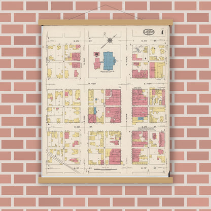 Old map wall art mockup — magnetic wood frame on brick wall — Sanborn Fire Insurance Map from London, Madison County, Ohio (1921), Sheet #0004