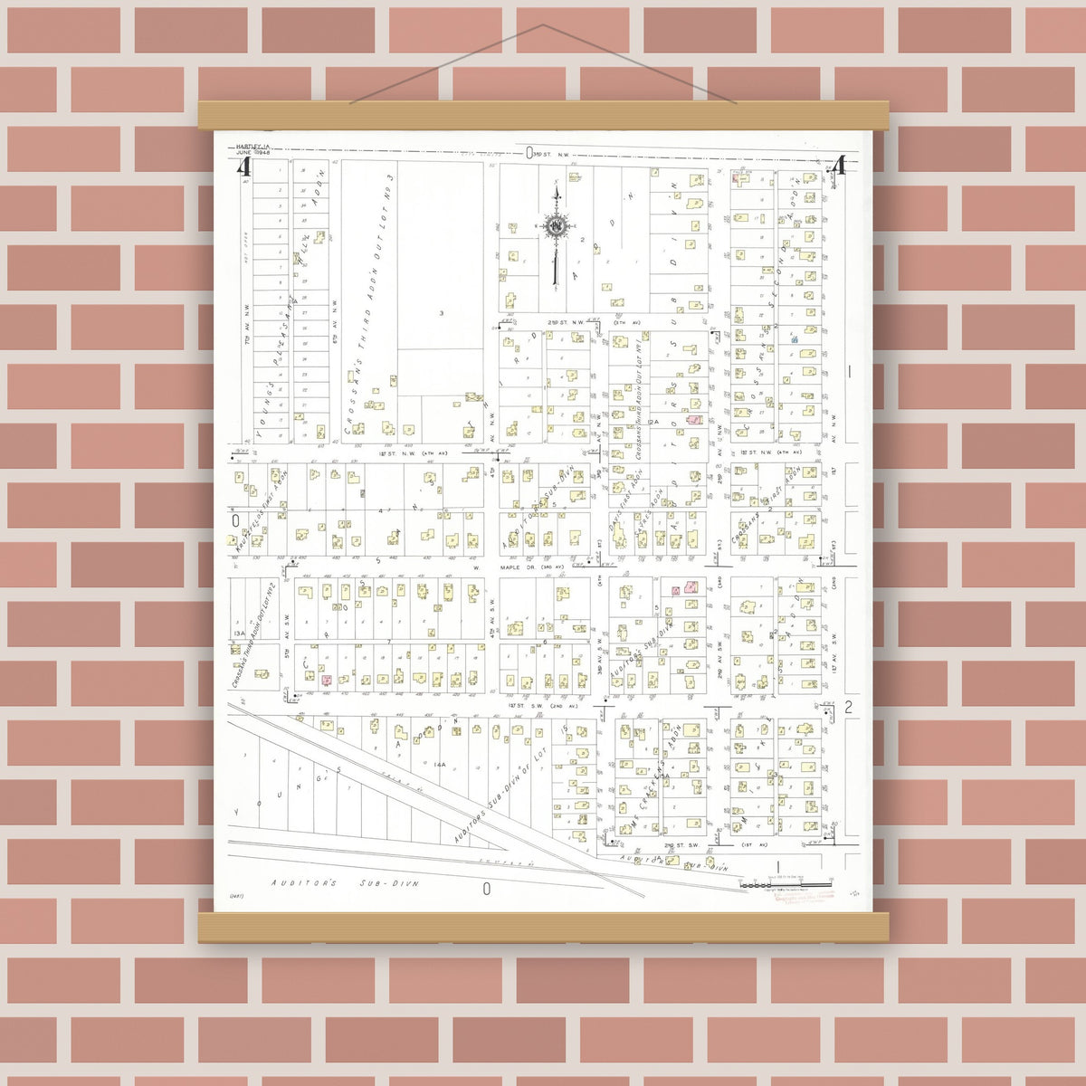 Old map wall art mockup — magnetic wood frame on brick wall — Sanborn Fire Insurance Map from Hartley, O'Brien County, Iowa (1948), Sheet #0004