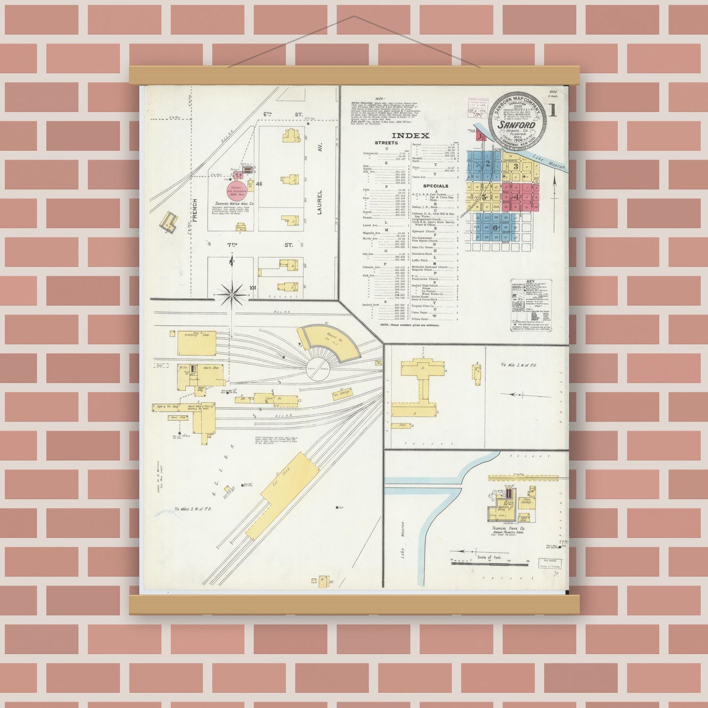 Old map wall art mockup — magnetic wood frame on brick wall — Sanborn Fire Insurance Map from Sanford, Seminole County, Florida (1906), Sheet #0001