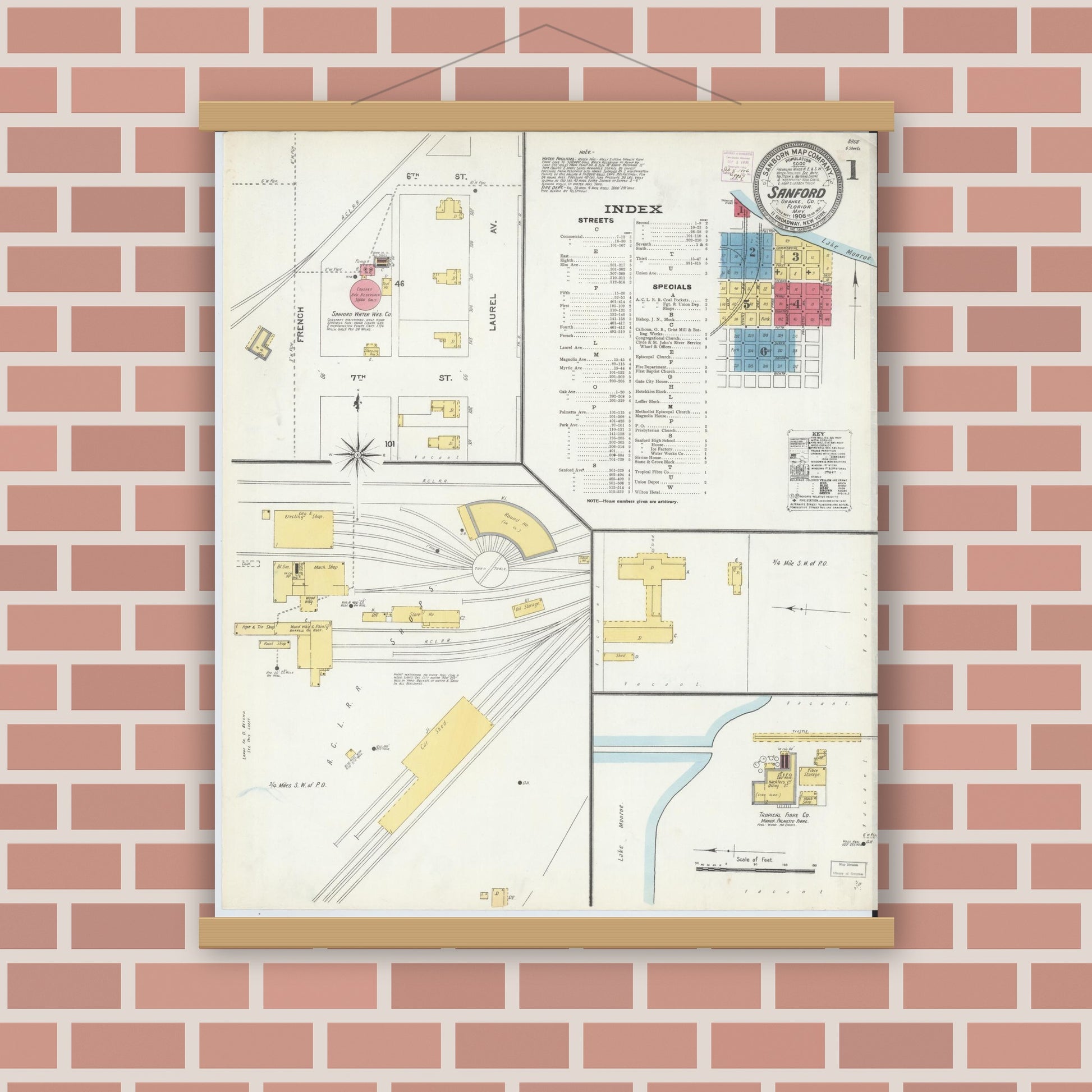 Old map wall art mockup — magnetic wood frame on brick wall — Sanborn Fire Insurance Map from Sanford, Seminole County, Florida (1906), Sheet #0001