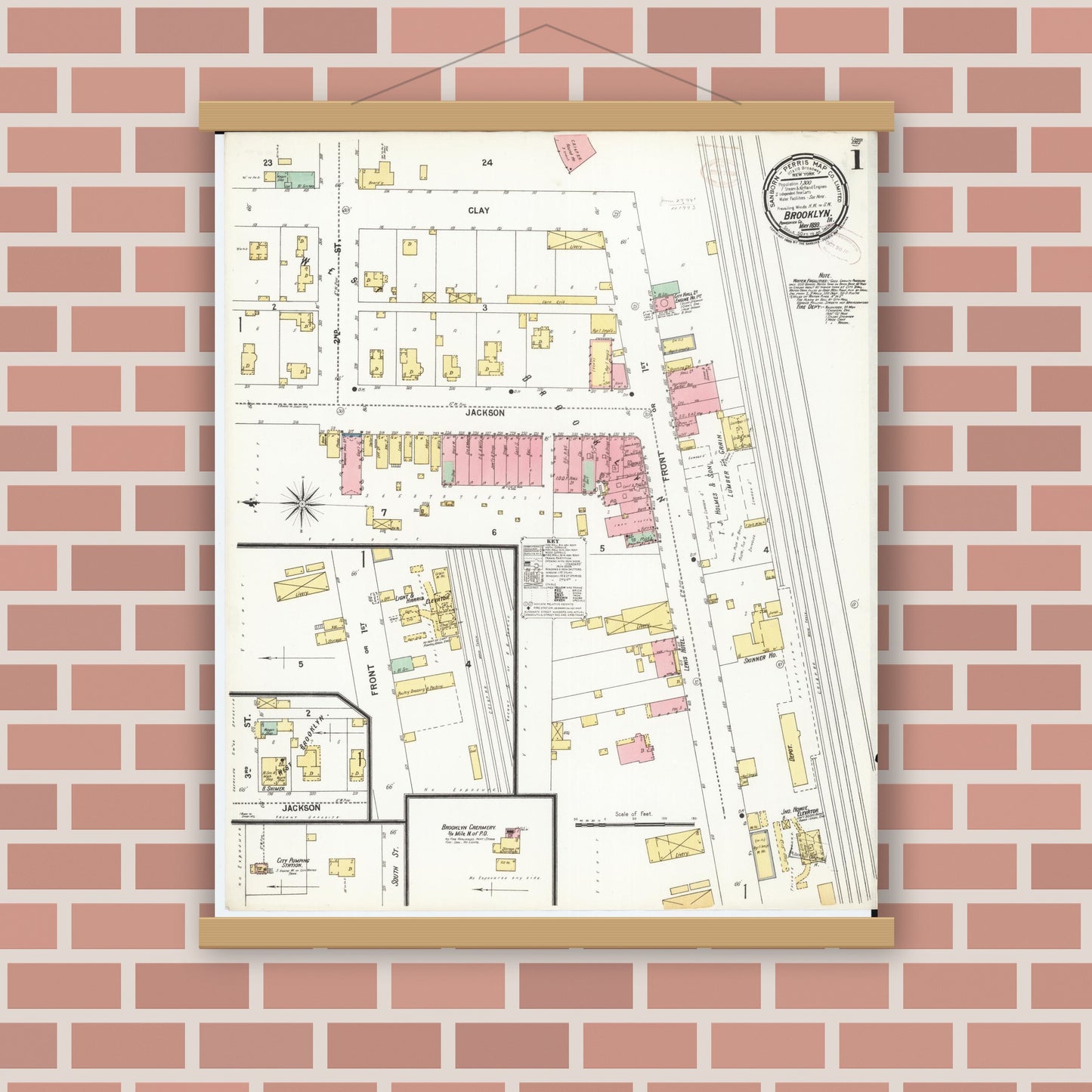 Old map wall art mockup — magnetic wood frame on brick wall — Sanborn Fire Insurance Map from Brooklyn, Poweshiek County, Iowa (1899) â€” Complete Set