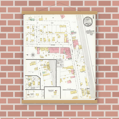 Old map wall art mockup — magnetic wood frame on brick wall — Sanborn Fire Insurance Map from Brooklyn, Poweshiek County, Iowa (1899) â€” Complete Set