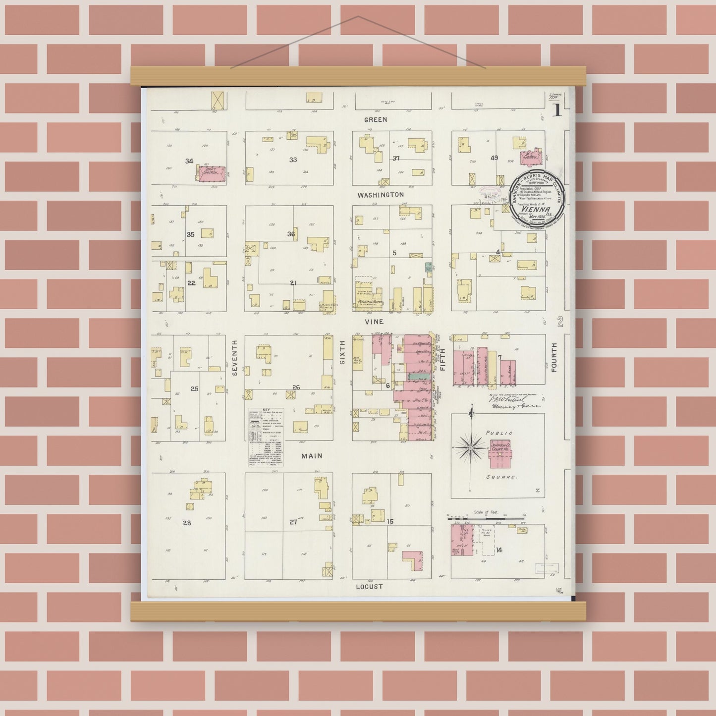 Old map wall art mockup — magnetic wood frame on brick wall — Sanborn Fire Insurance Map from Vienna, Johnson County, Illinois (1894) - Complete Map Set