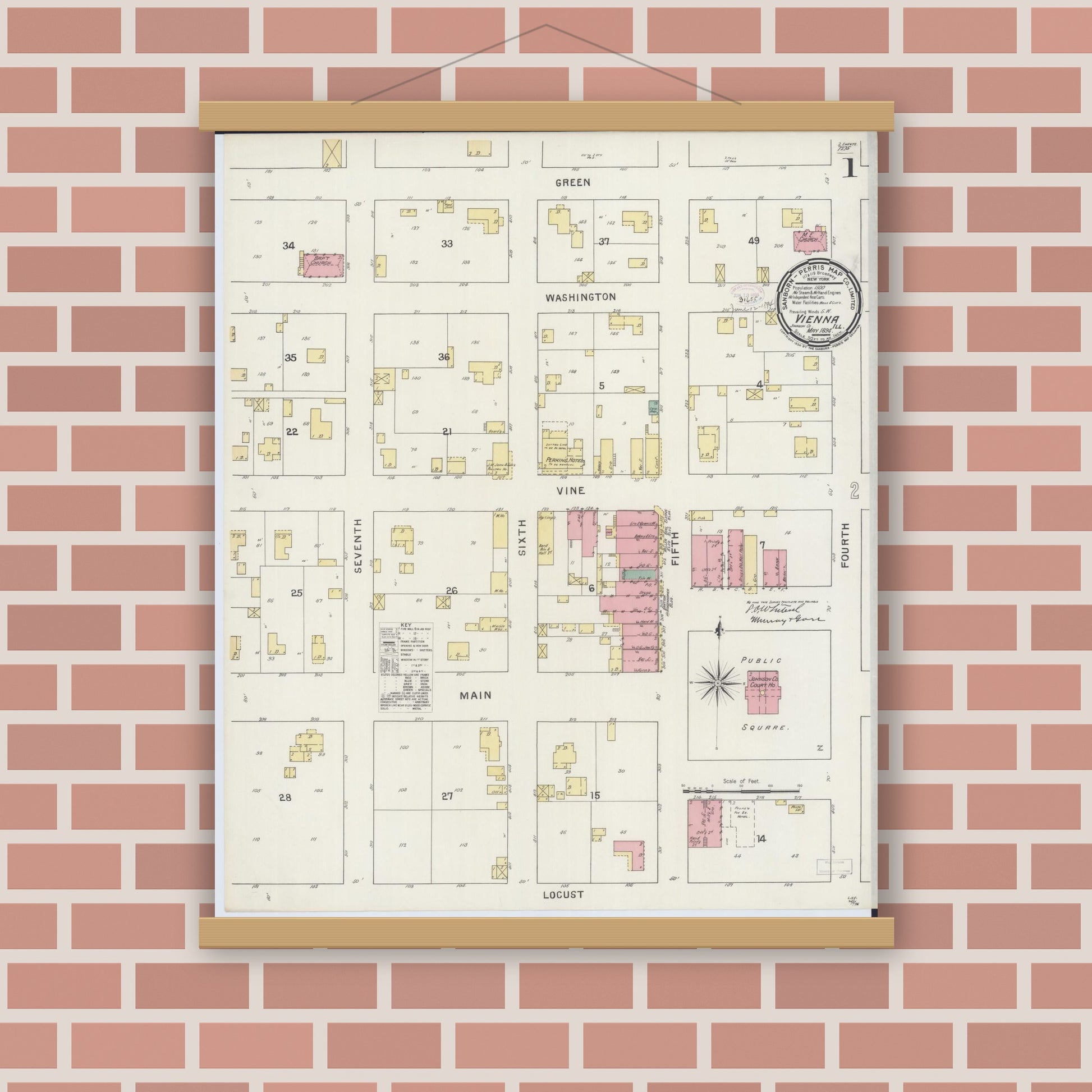 Old map wall art mockup — magnetic wood frame on brick wall — Sanborn Fire Insurance Map from Vienna, Johnson County, Illinois (1894) - Complete Map Set