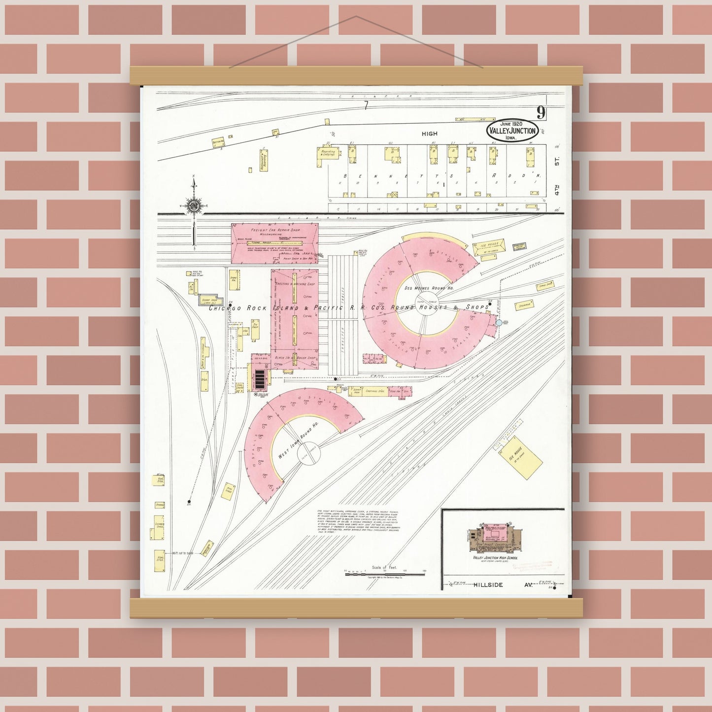 Old map wall art mockup — magnetic wood frame on brick wall — Sanborn Fire Insurance Map from Valley Junction, Polk County, Iowa (1920), Sheet #0009