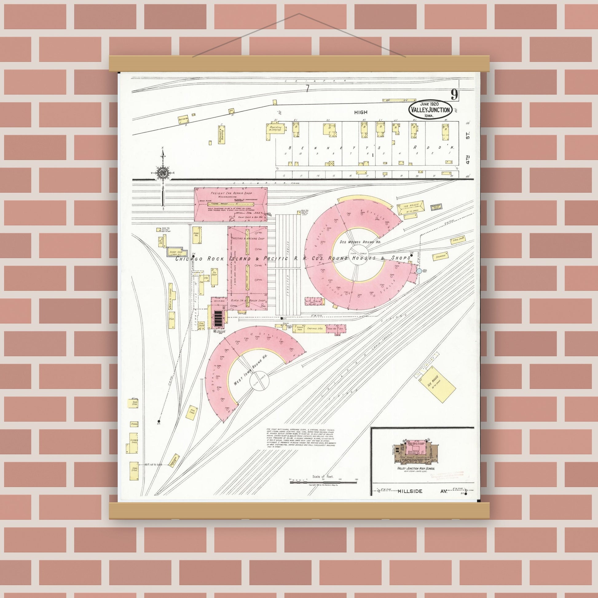 Old map wall art mockup — magnetic wood frame on brick wall — Sanborn Fire Insurance Map from Valley Junction, Polk County, Iowa (1920), Sheet #0009