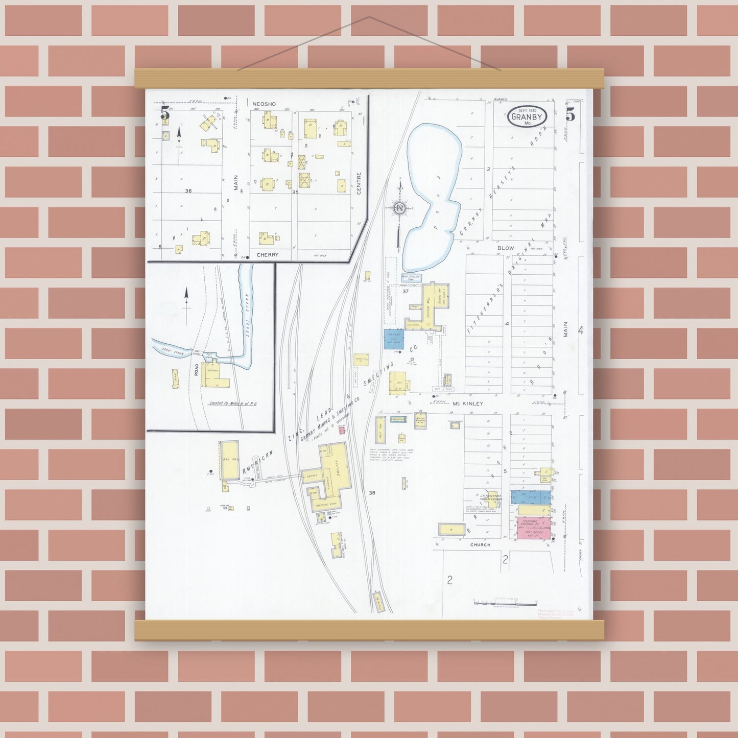 Old map wall art mockup — magnetic wood frame on brick wall — Sanborn Fire Insurance Map from Granby, Newton County, Missouri (1930), Sheet #0005