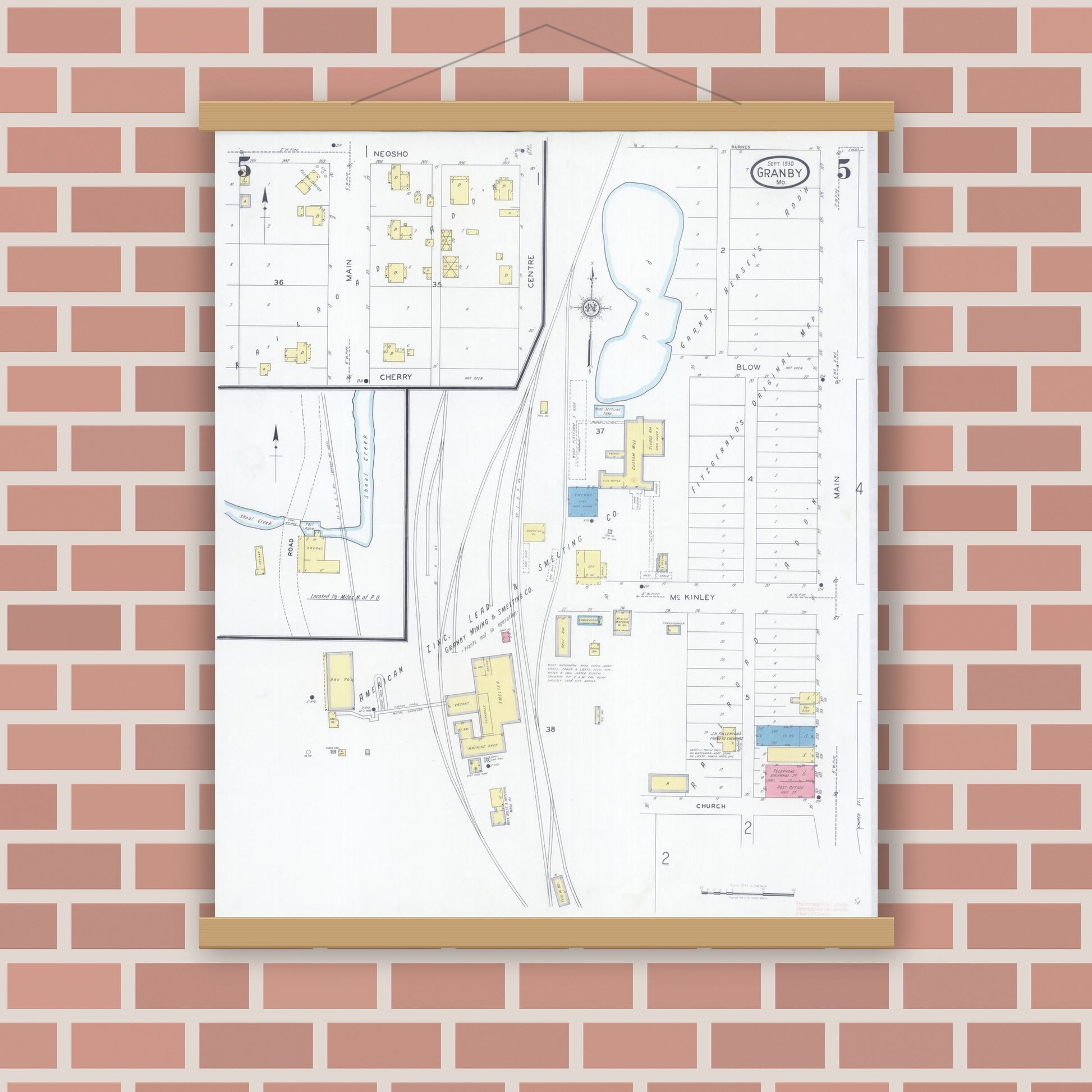 Old map wall art mockup — magnetic wood frame on brick wall — Sanborn Fire Insurance Map from Granby, Newton County, Missouri (1930), Sheet #0005