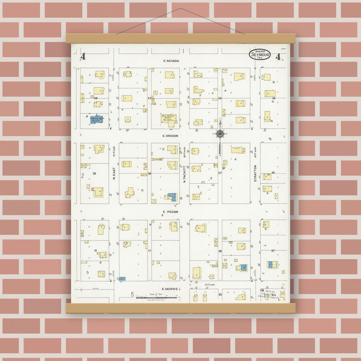 Old map wall art mockup — magnetic wood frame on brick wall — Sanborn Fire Insurance Map from Seymour, Baylor County, Texas (1925), Sheet #0004