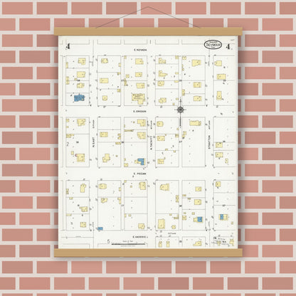Old map wall art mockup — magnetic wood frame on brick wall — Sanborn Fire Insurance Map from Seymour, Baylor County, Texas (1925), Sheet #0004