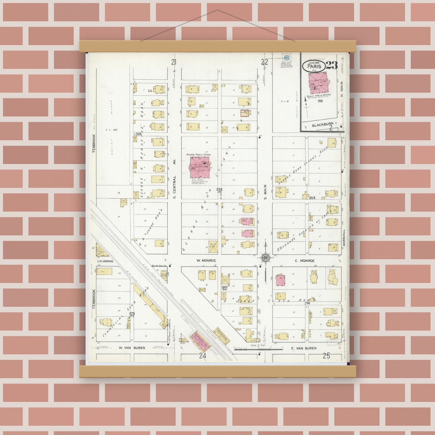 Old map wall art mockup — magnetic wood frame on brick wall — Sanborn Fire Insurance Map from Paris, Edgar County, Illinois (1916), Sheet #0023
