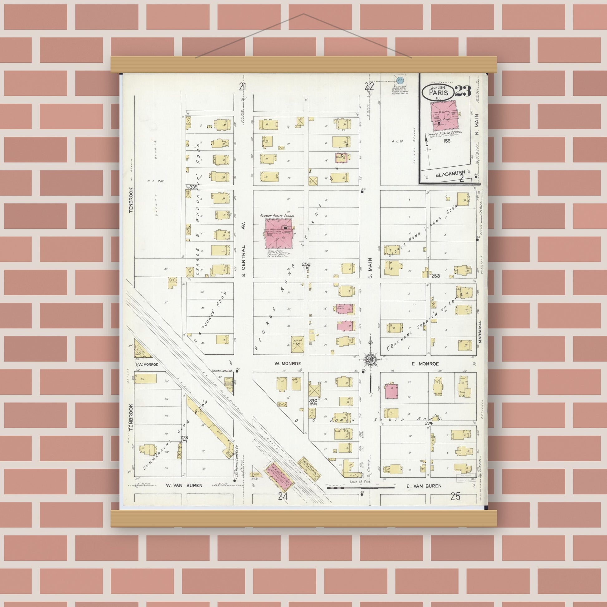 Old map wall art mockup — magnetic wood frame on brick wall — Sanborn Fire Insurance Map from Paris, Edgar County, Illinois (1916), Sheet #0023