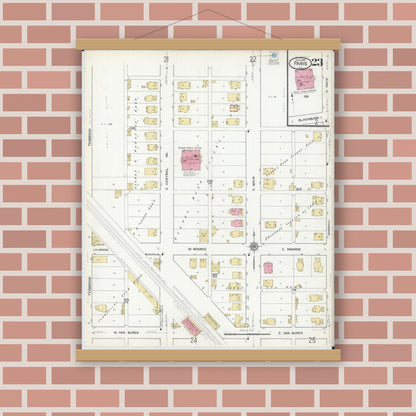 Old map wall art mockup — magnetic wood frame on brick wall — Sanborn Fire Insurance Map from Paris, Edgar County, Illinois (1916), Sheet #0023