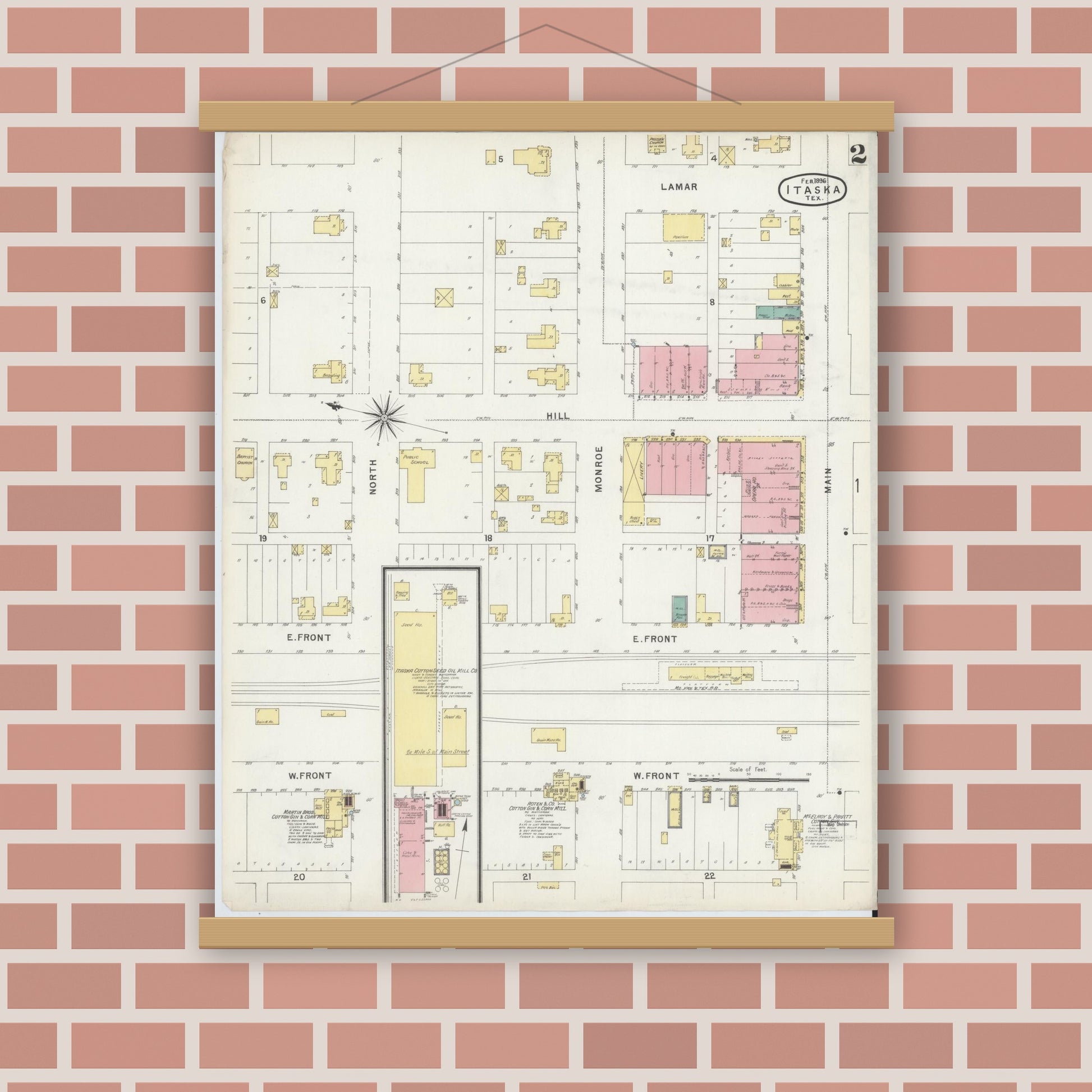 Old map wall art mockup — magnetic wood frame on brick wall — Sanborn Fire Insurance Map from Itasca, Hill County, Texas (1896), Sheet #0002