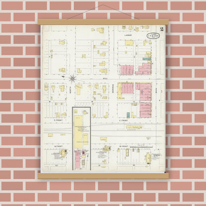 Old map wall art mockup — magnetic wood frame on brick wall — Sanborn Fire Insurance Map from Itasca, Hill County, Texas (1896), Sheet #0002