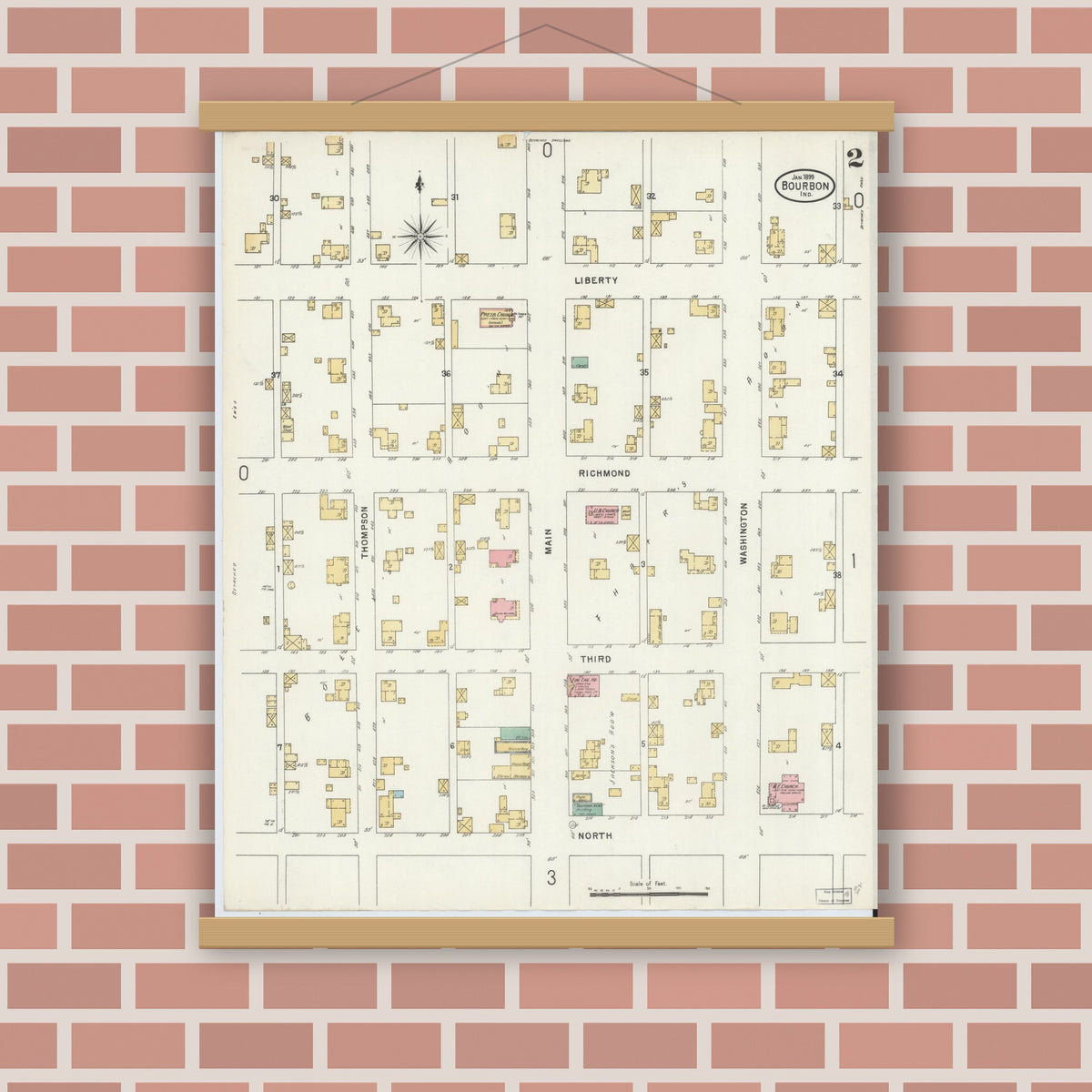 Old map wall art mockup — magnetic wood frame on brick wall — Sanborn Fire Insurance Map from Bourbon, Marshall County, Indiana (1899), Sheet #0002