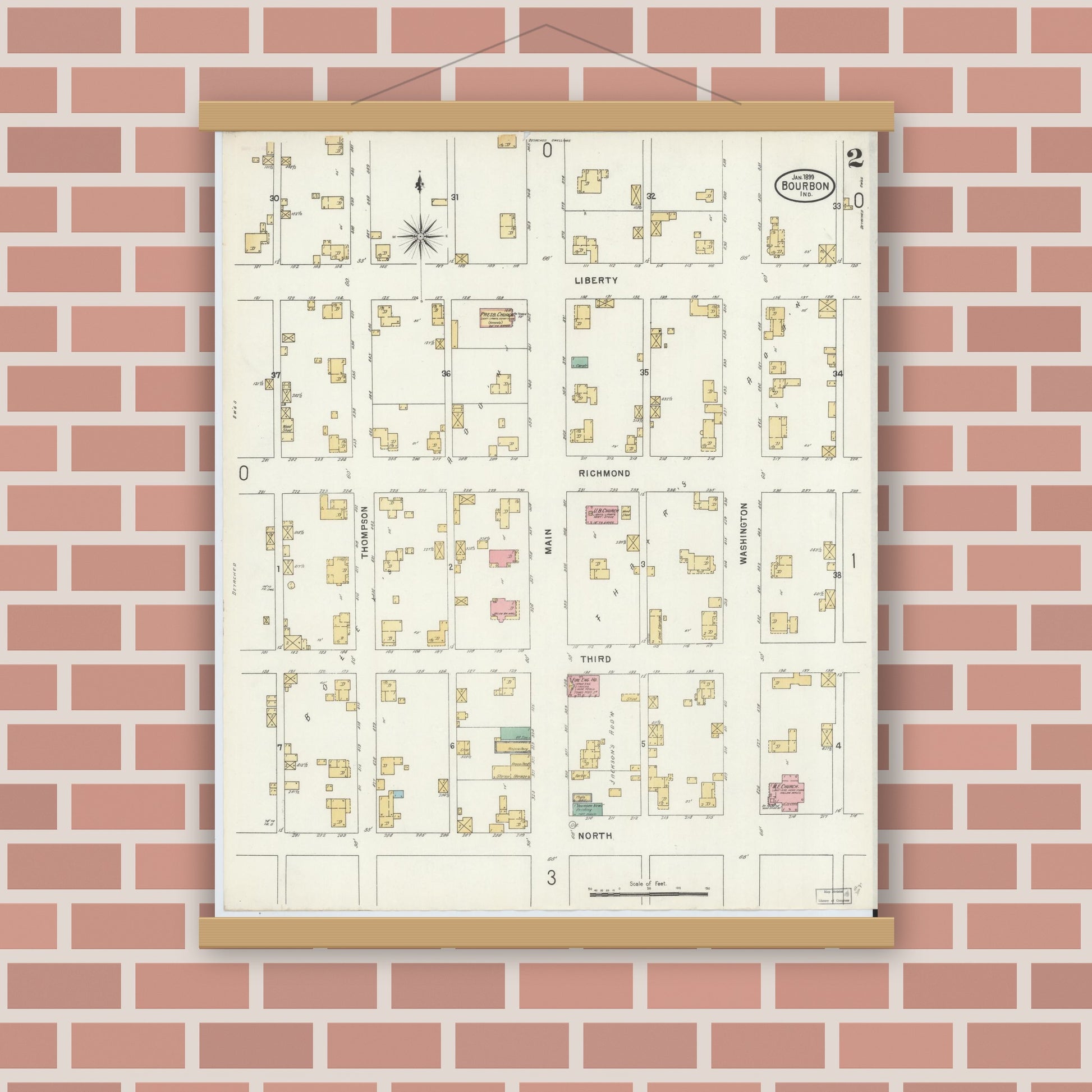Old map wall art mockup — magnetic wood frame on brick wall — Sanborn Fire Insurance Map from Bourbon, Marshall County, Indiana (1899), Sheet #0002
