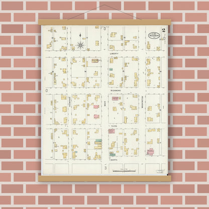 Old map wall art mockup — magnetic wood frame on brick wall — Sanborn Fire Insurance Map from Bourbon, Marshall County, Indiana (1899), Sheet #0002