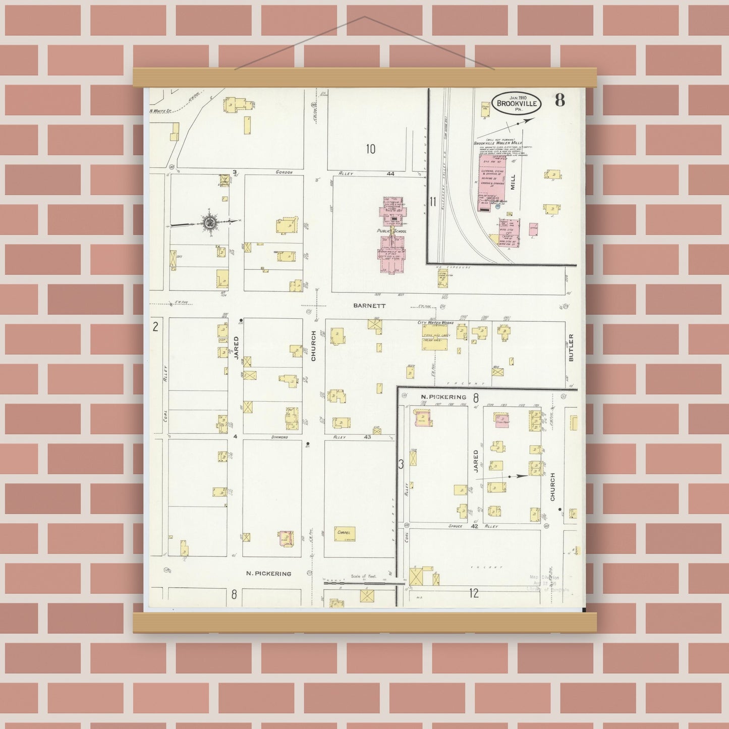 Old map wall art mockup — magnetic wood frame on brick wall — Sanborn Fire Insurance Map from Brookville, Jefferson County, Pennsylvania (1910), Sheet #0008