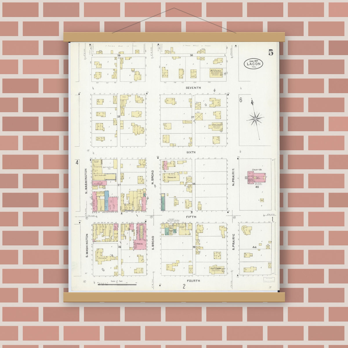 Old map wall art mockup — magnetic wood frame on brick wall — Sanborn Fire Insurance Map from Lacon, Marshall County, Illinois (1907), Sheet #0005