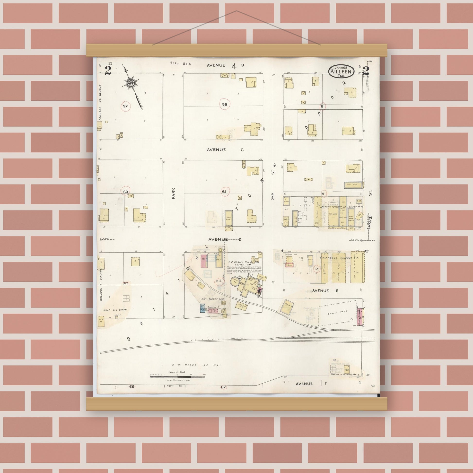 Old map wall art mockup — magnetic wood frame on brick wall — Sanborn Fire Insurance Map from Killeen, Bell County, Texas (1937), Sheet #0002