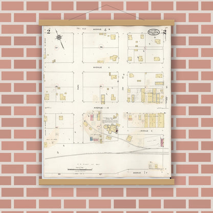 Old map wall art mockup — magnetic wood frame on brick wall — Sanborn Fire Insurance Map from Killeen, Bell County, Texas (1937), Sheet #0002