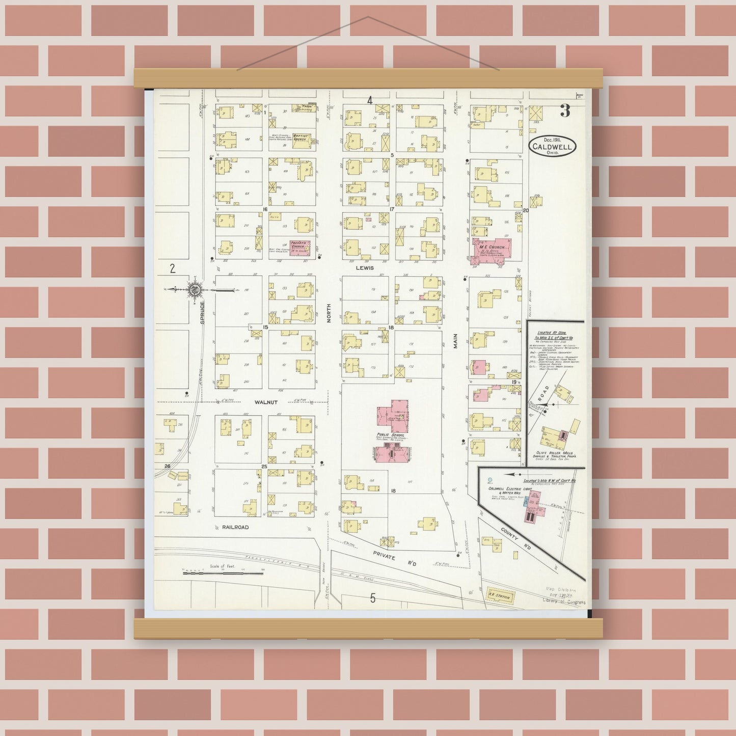 Old map wall art mockup — magnetic wood frame on brick wall — Sanborn Fire Insurance Map from Caldwell, Noble County, Ohio (1911), Sheet #0003