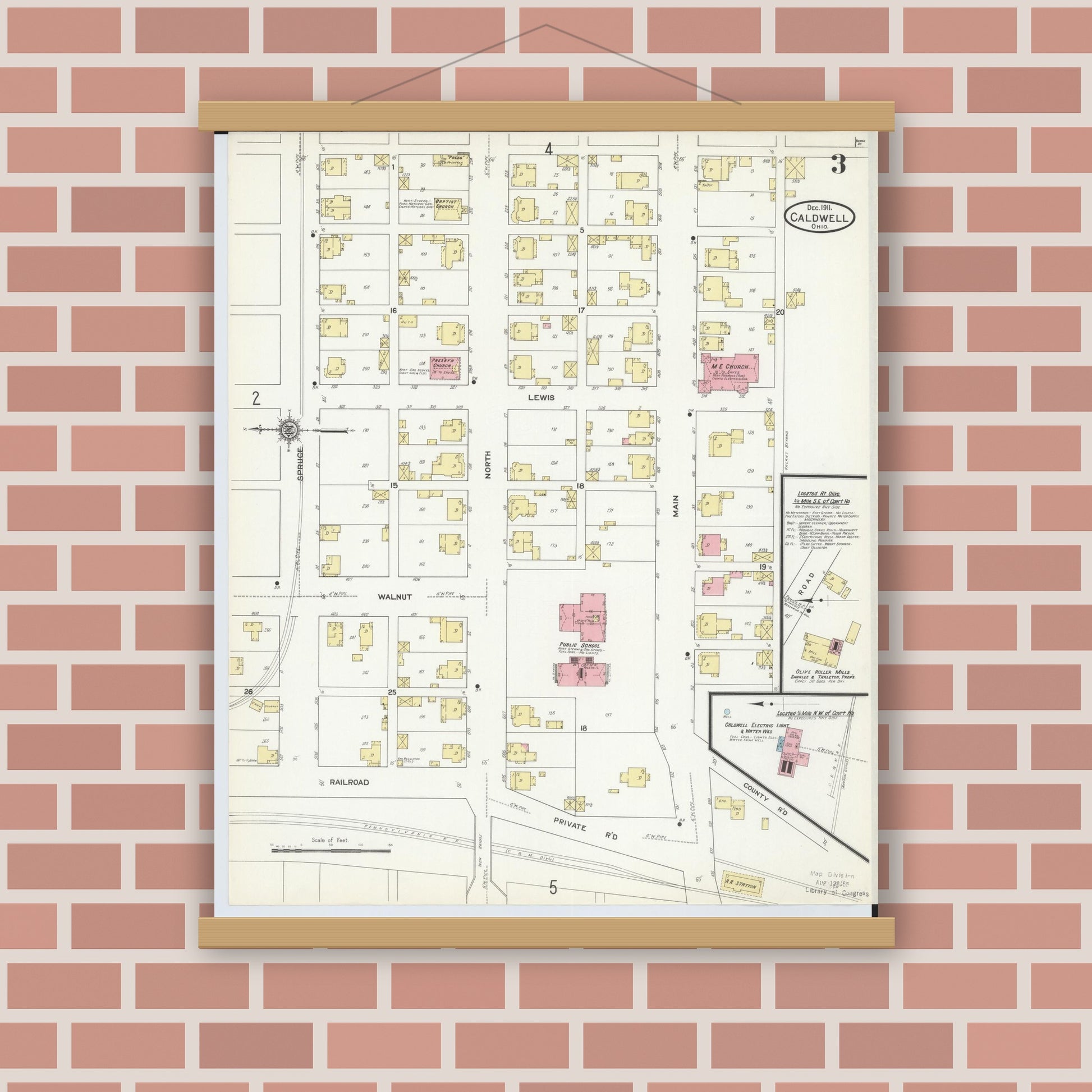 Old map wall art mockup — magnetic wood frame on brick wall — Sanborn Fire Insurance Map from Caldwell, Noble County, Ohio (1911), Sheet #0003