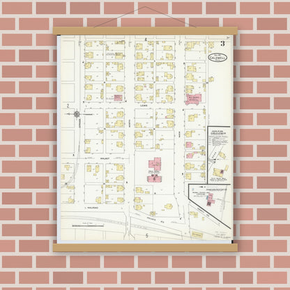 Old map wall art mockup — magnetic wood frame on brick wall — Sanborn Fire Insurance Map from Caldwell, Noble County, Ohio (1911), Sheet #0003