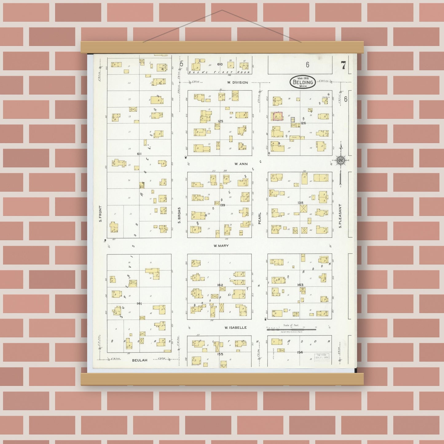 Old map wall art mockup — magnetic wood frame on brick wall — Sanborn Fire Insurance Map from Belding, Ionia County, Michigan (1918), Sheet #0007