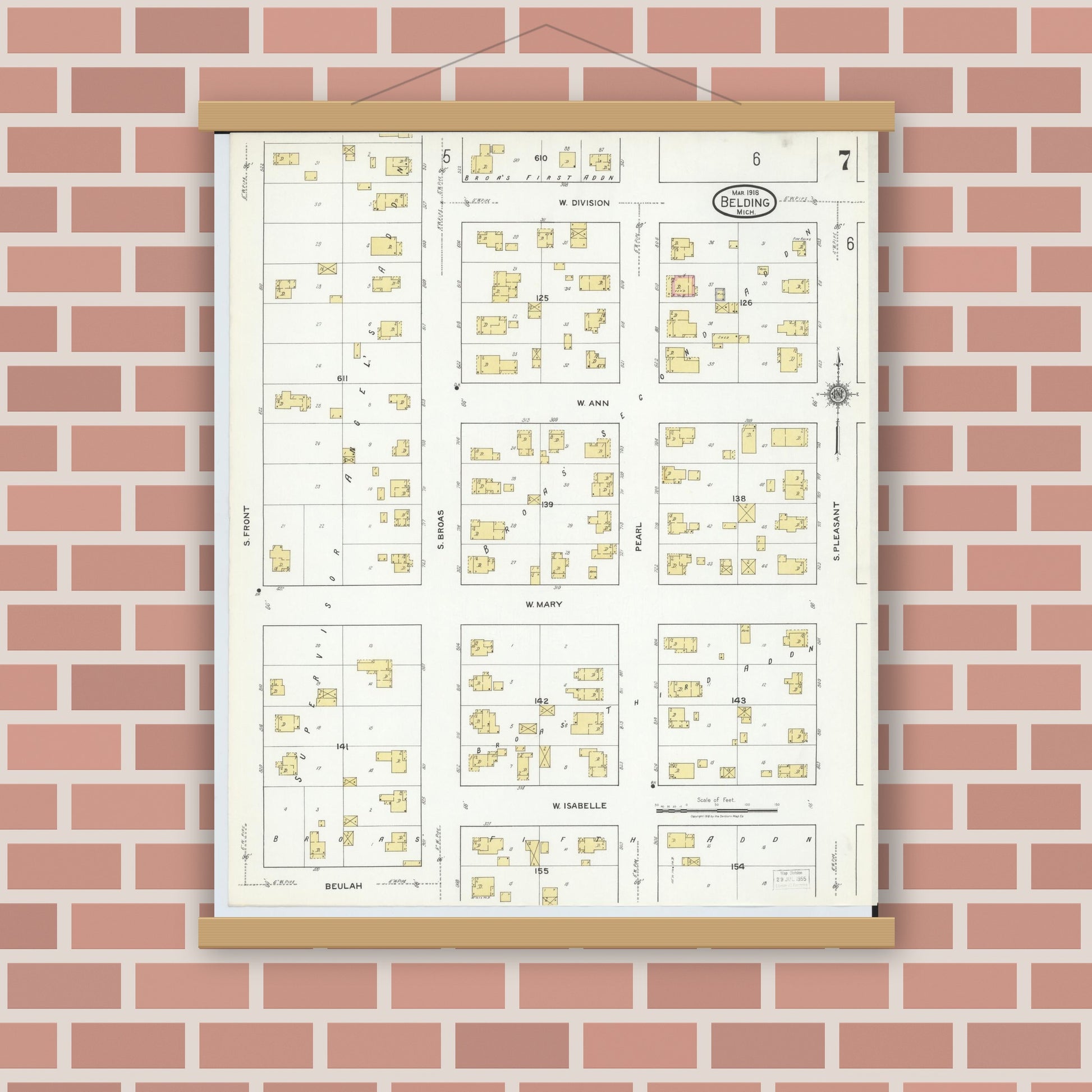 Old map wall art mockup — magnetic wood frame on brick wall — Sanborn Fire Insurance Map from Belding, Ionia County, Michigan (1918), Sheet #0007