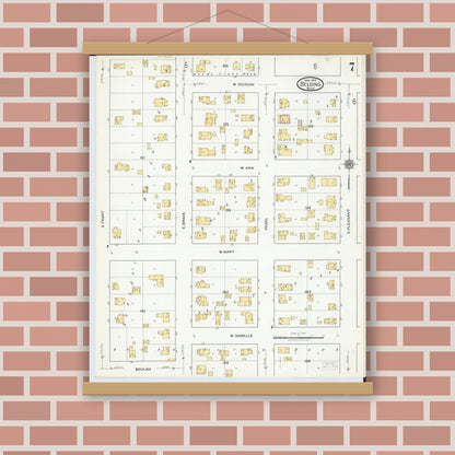 Old map wall art mockup — magnetic wood frame on brick wall — Sanborn Fire Insurance Map from Belding, Ionia County, Michigan (1918), Sheet #0007