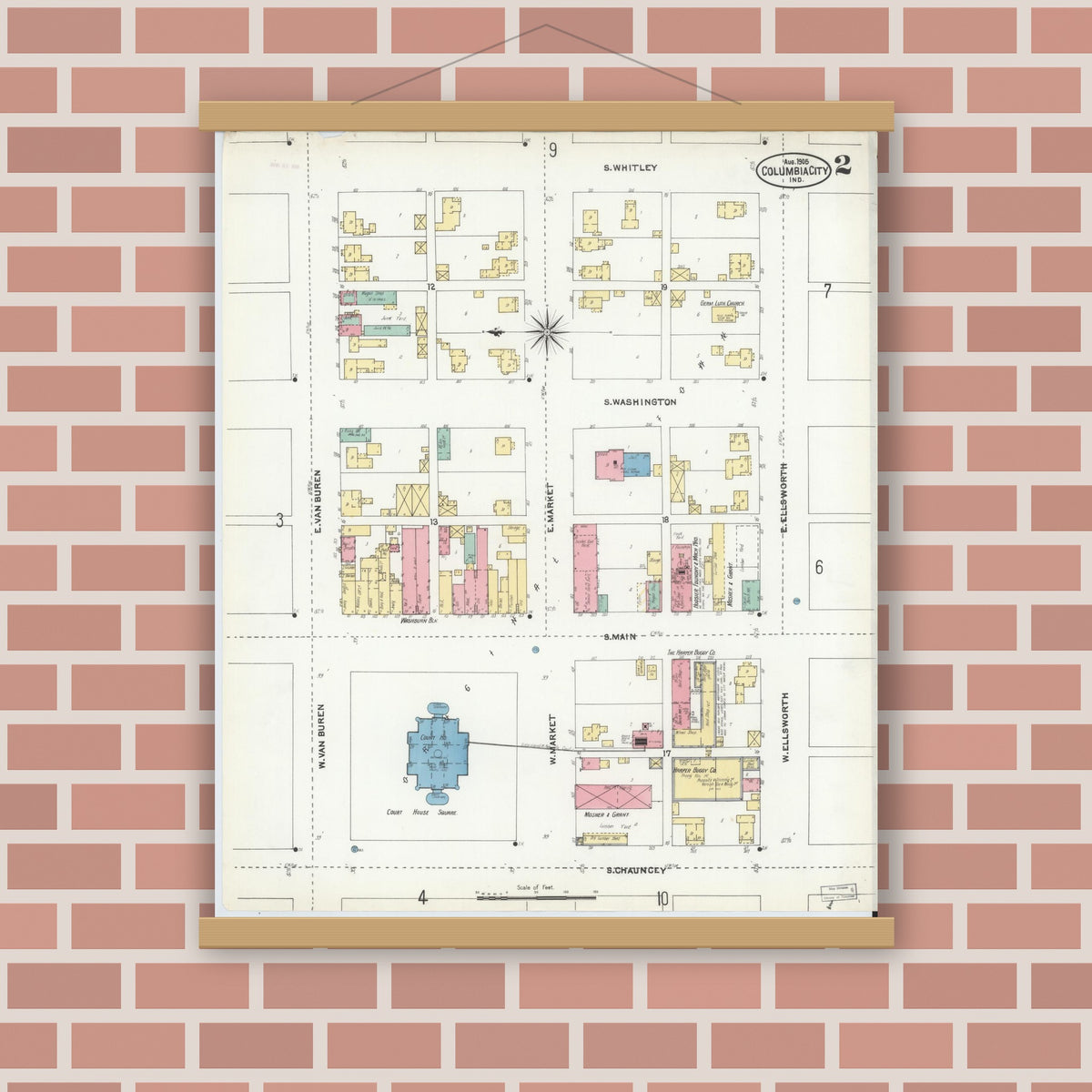 Old map wall art mockup — magnetic wood frame on brick wall — Sanborn Fire Insurance Map from Columbia City, Whitley County, Indiana (1905), Sheet #0002